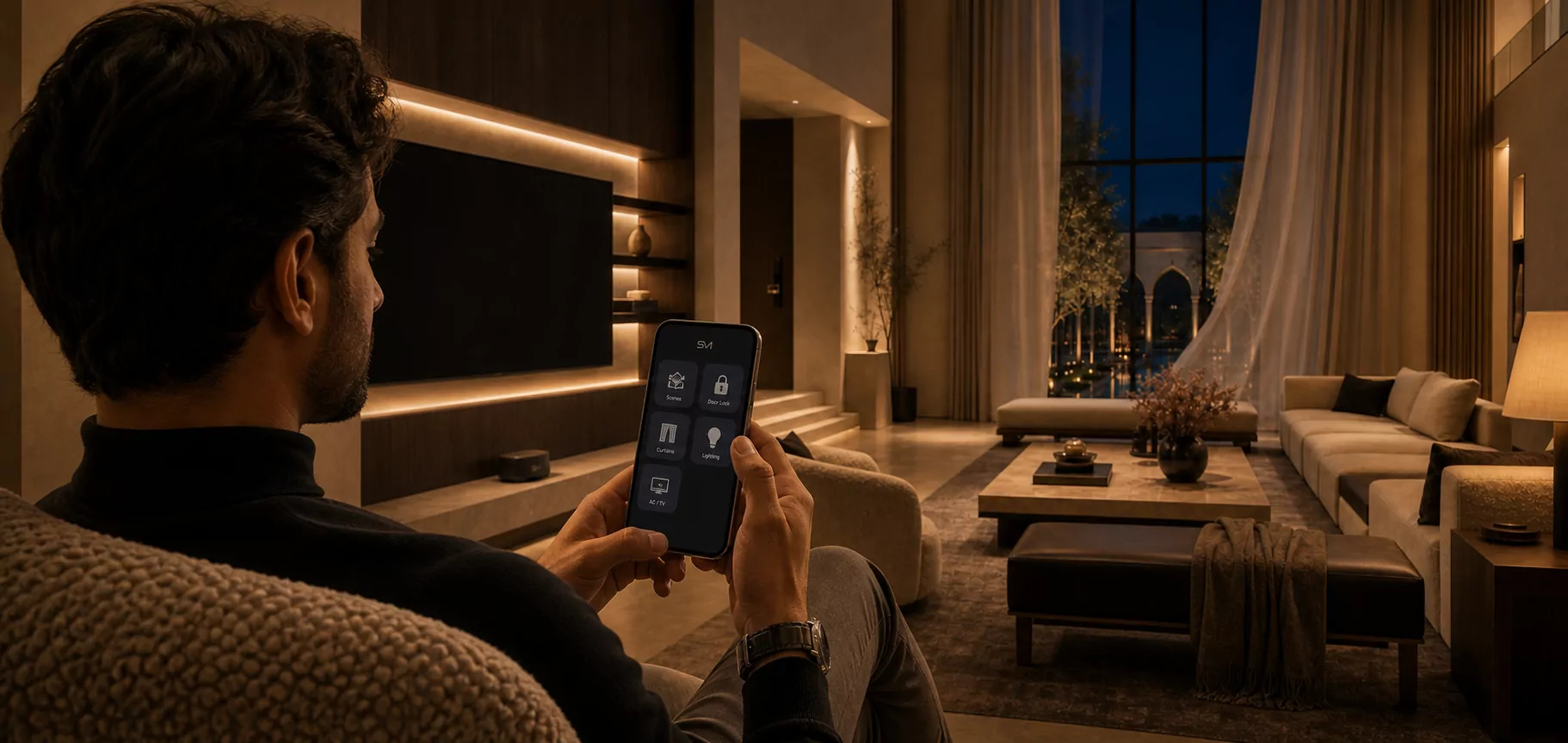 A homeowner controlling five Smartiotive products from the mobile app