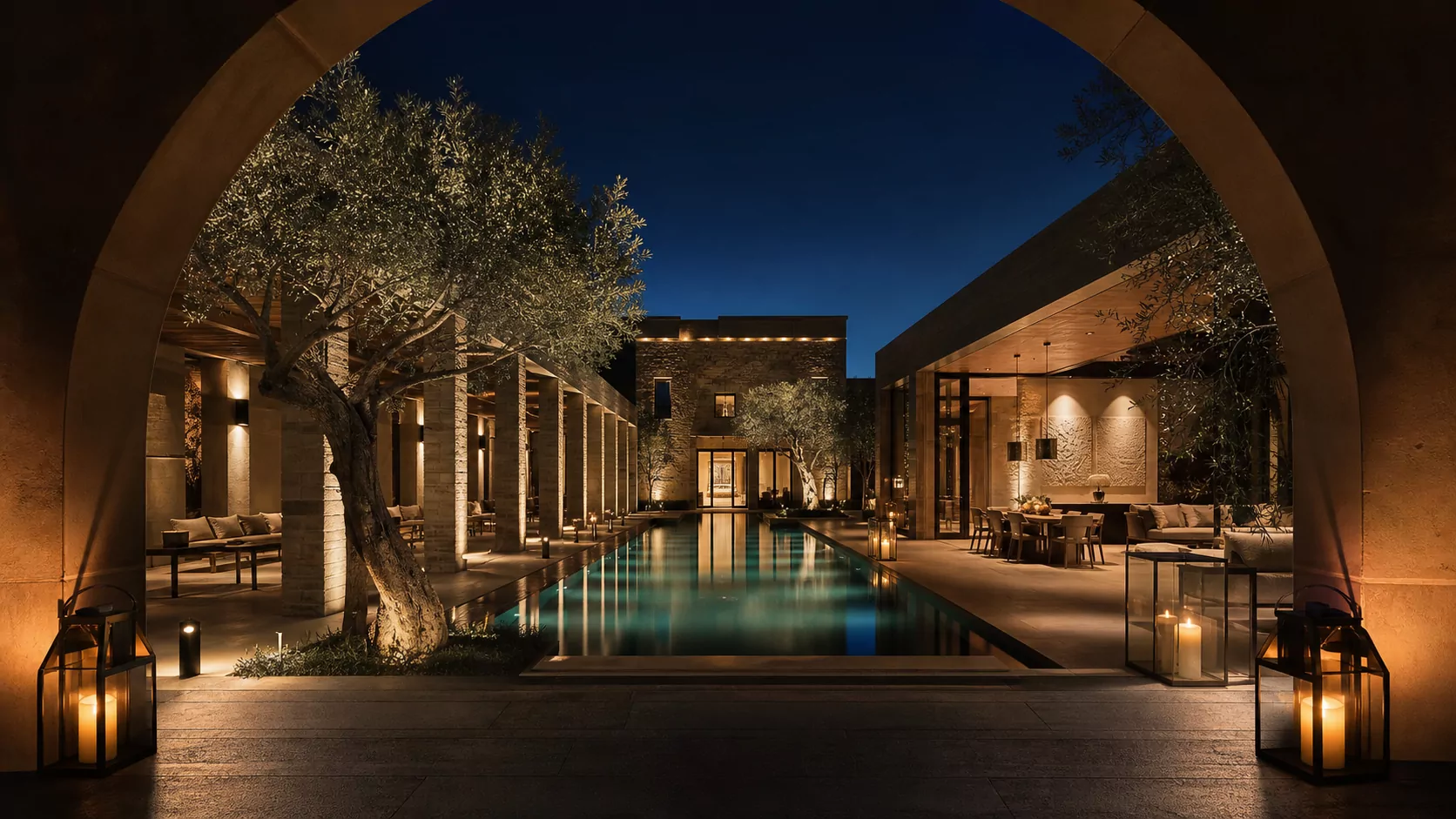 An intelligent private courtyard and pool illuminated at night