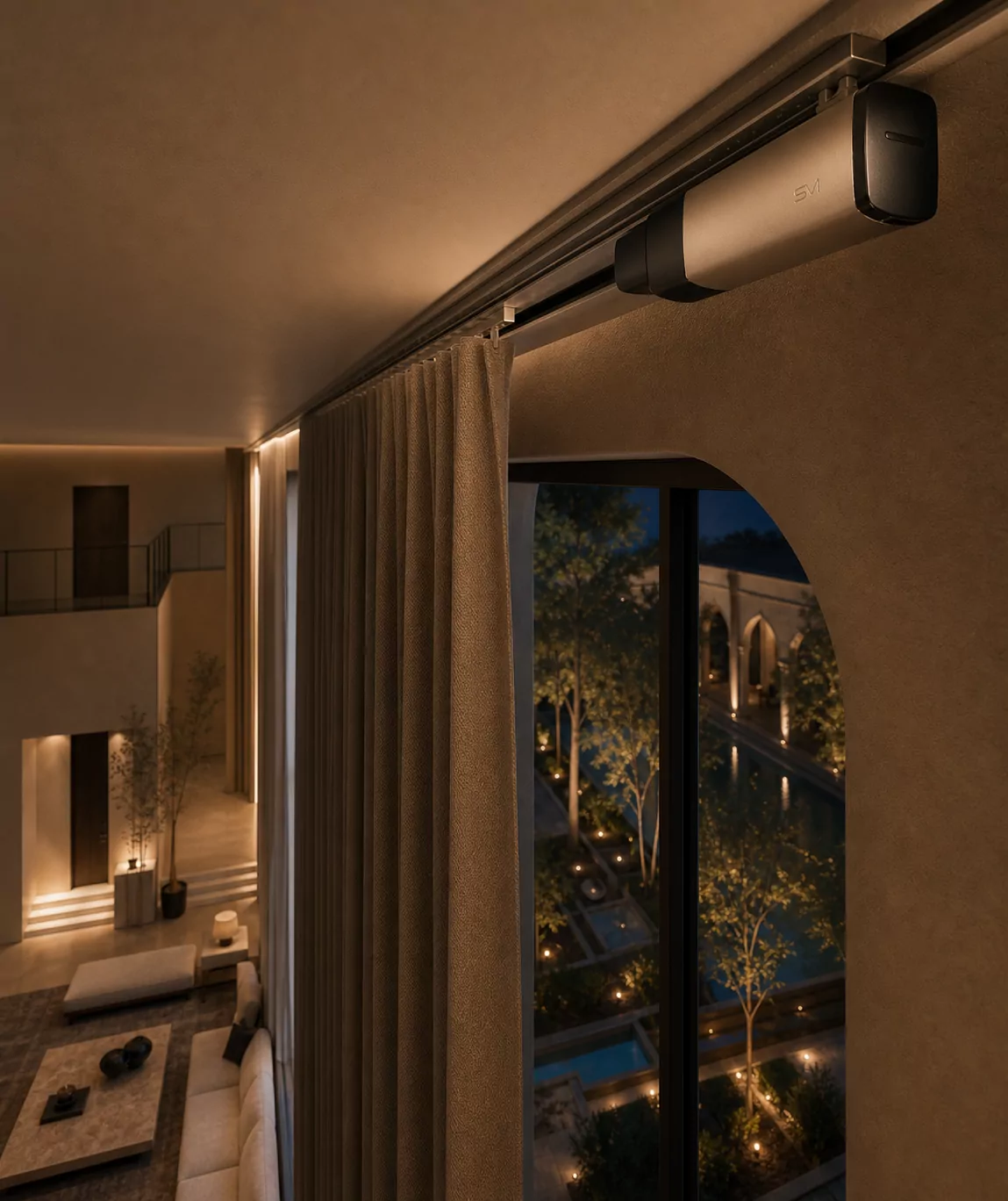 Branded Smartiotive curtain motor installed in a concealed track — Black / Gold finish