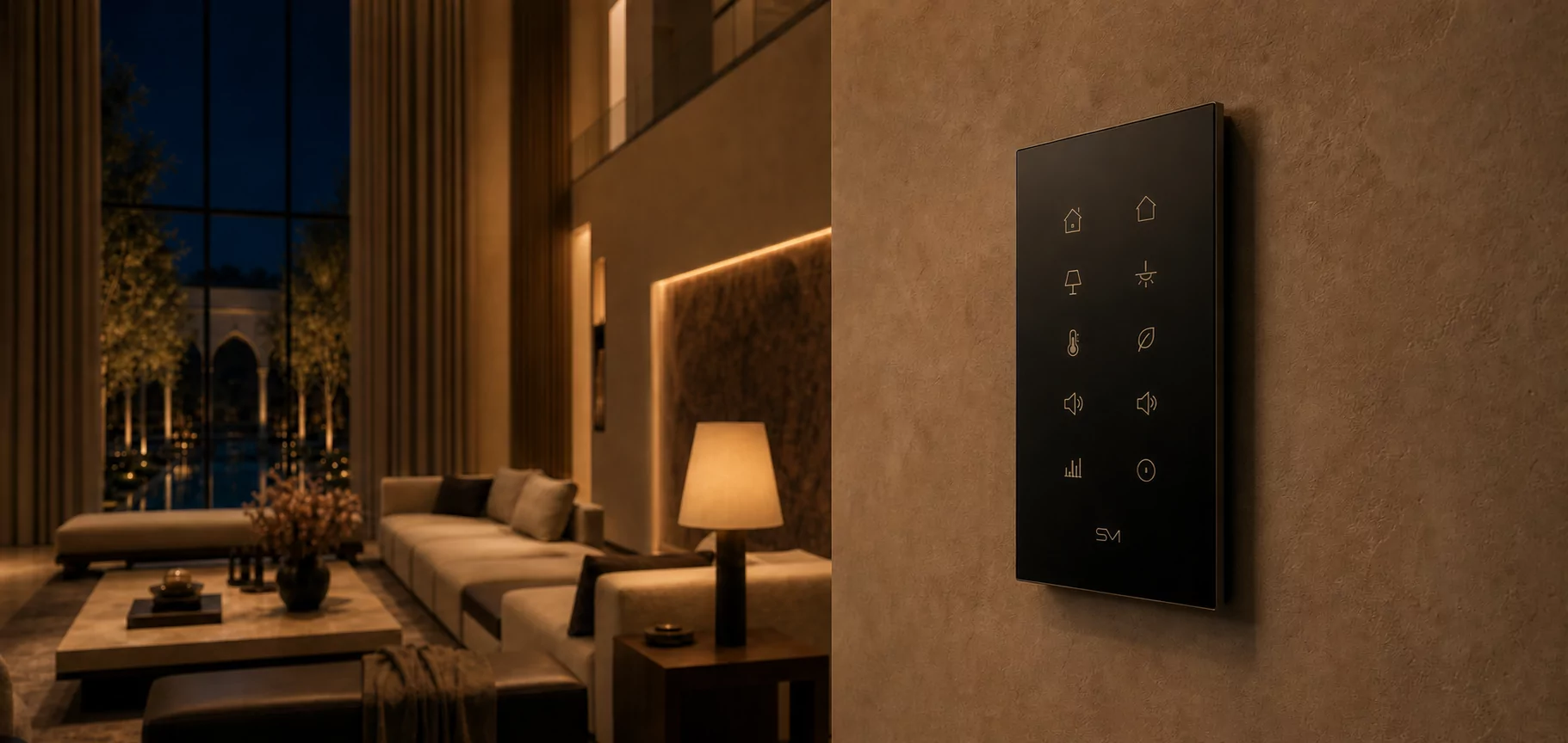 Branded Smartiotive panel installed in the living room — Black / Gold finish