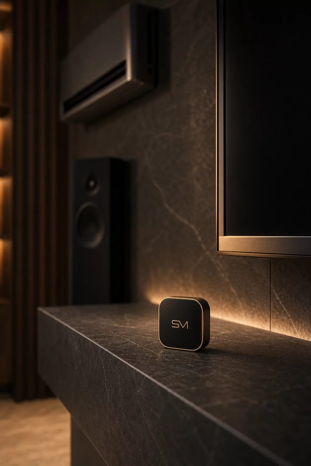 Small branded Smartiotive IR blaster controlling AC, TV and speakers — Black / Gold finish
