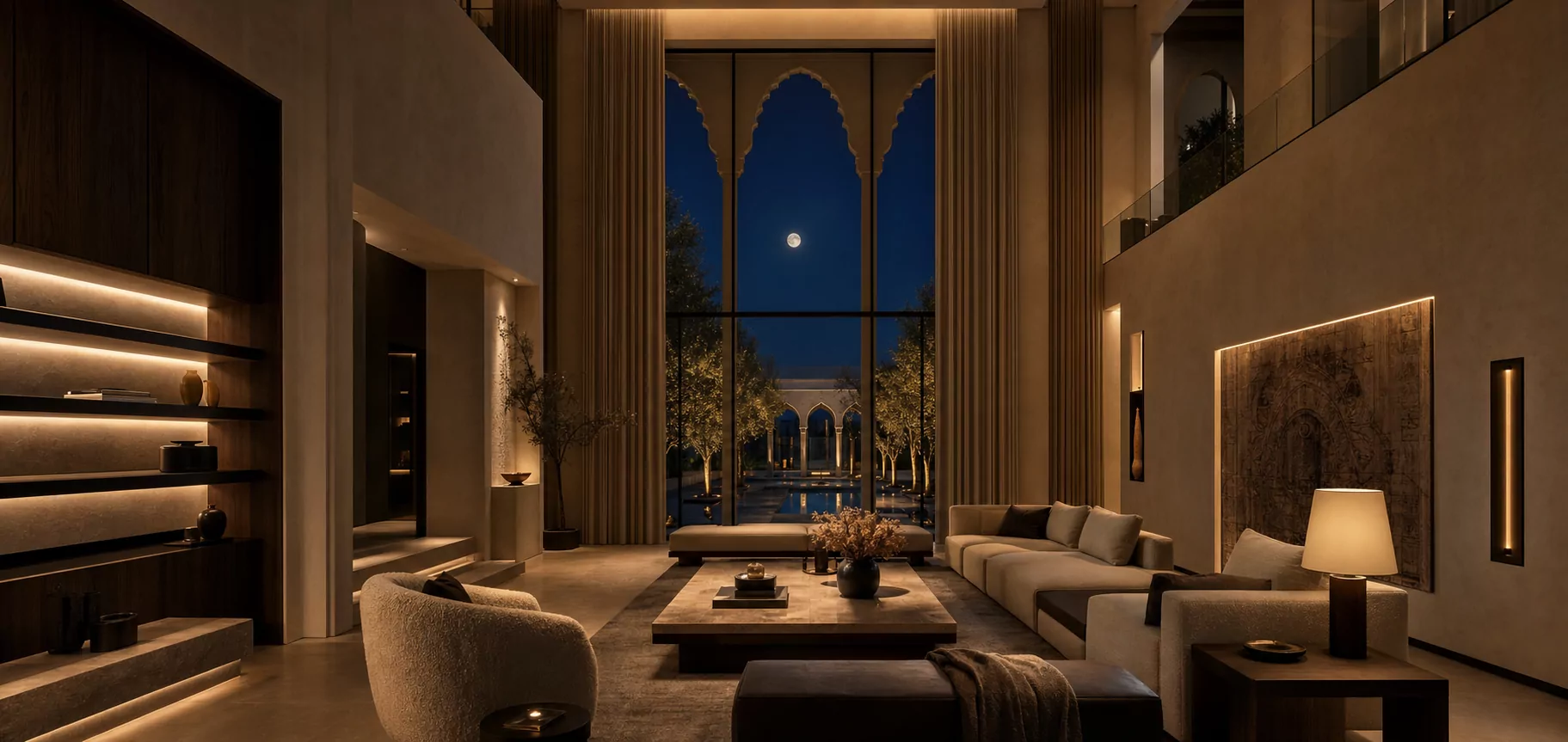 A warm, double-height smart living room with concealed automation